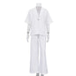 New Cotton Turn-Down Collar Half-Sleeve Top Wide-Leg Pants Two-Piece
