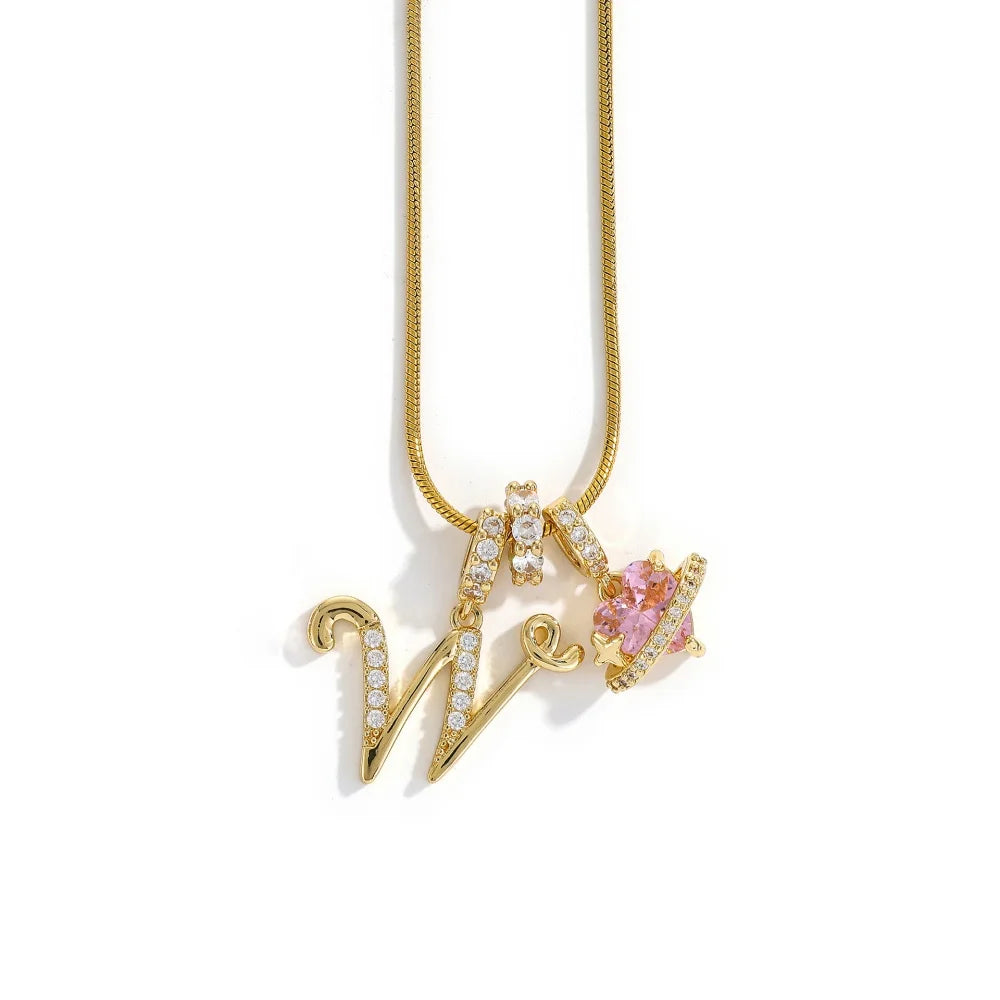 Gold Color Zircon Flower Pendant Necklace Female A-Z 26 Letter Alphabet Wedding Jewelry Gift for Women