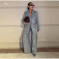Elegant Sequin Stripe Lapel Neck Top Pant Sets Women Fashion Single Breasted Shine Ribbon Coat Leg Loose Pants Set Female Sets