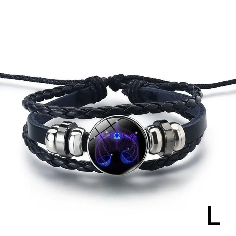 12 Constellation Gem Leather Bracelet Men Women Glass Bracelet