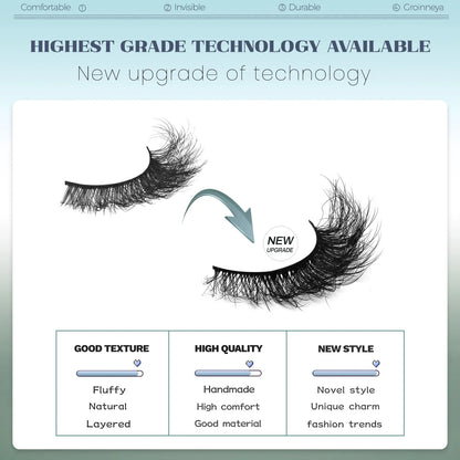 GROINNEYA Fake Lashes Fluffy Cat Eye Lashes 8D Fluffy Volume False Eyelashes D Curl Dramatic Thick Full Strip Faux Mink Lashes