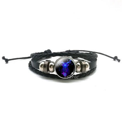 New Men 12 Constellation Black Braided Leather Bracelet Punk Style Zodiac Sign Multilayer Weave Wrap Bracelet For Birthday Gifts