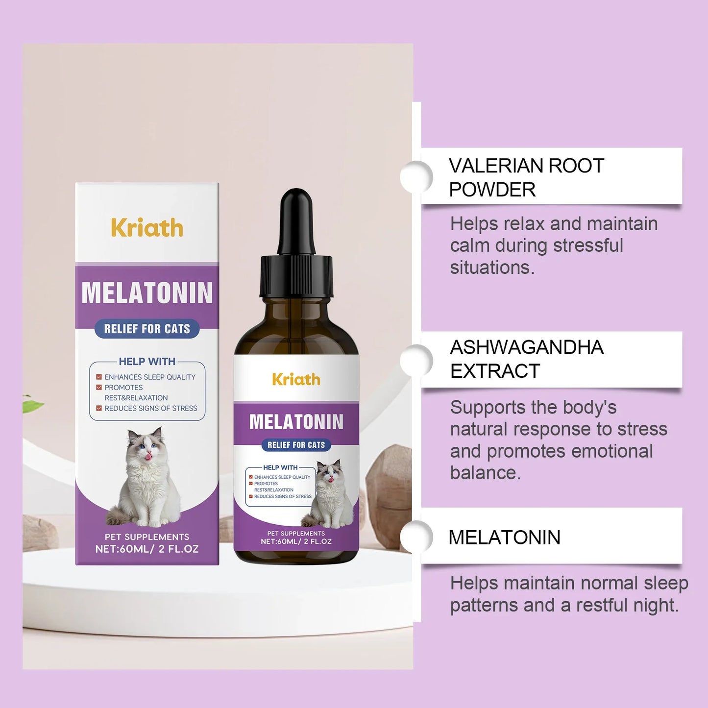 Kriath Cat Melatonin Drops 60ml Pet Calming Supplement Liquid Improve Sleep Quality Reduce Stress Anxiety Relief for Cats