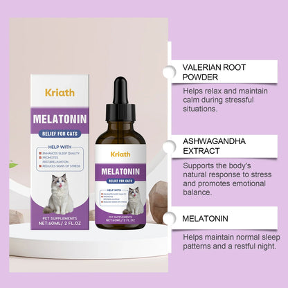 Kriath Cat Melatonin Drops 60ml Pet Calming Supplement Liquid Improve Sleep Quality Reduce Stress Anxiety Relief for Cats