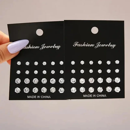 Maximum 36 Pairs Shiny Zircon Stud Earrings Set for Women Men Daily Versatile Chic Silver Color Crystal Ear Jewelry Accessories
