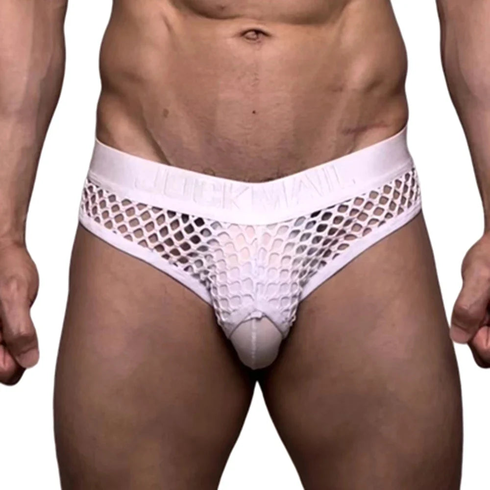 Mens Slip Bikini Jockstrap Briefs Mens Panties Sexy Fishnets Hole Transparent Mesh Ice Silk Men Underwear Sissy Men Underpants