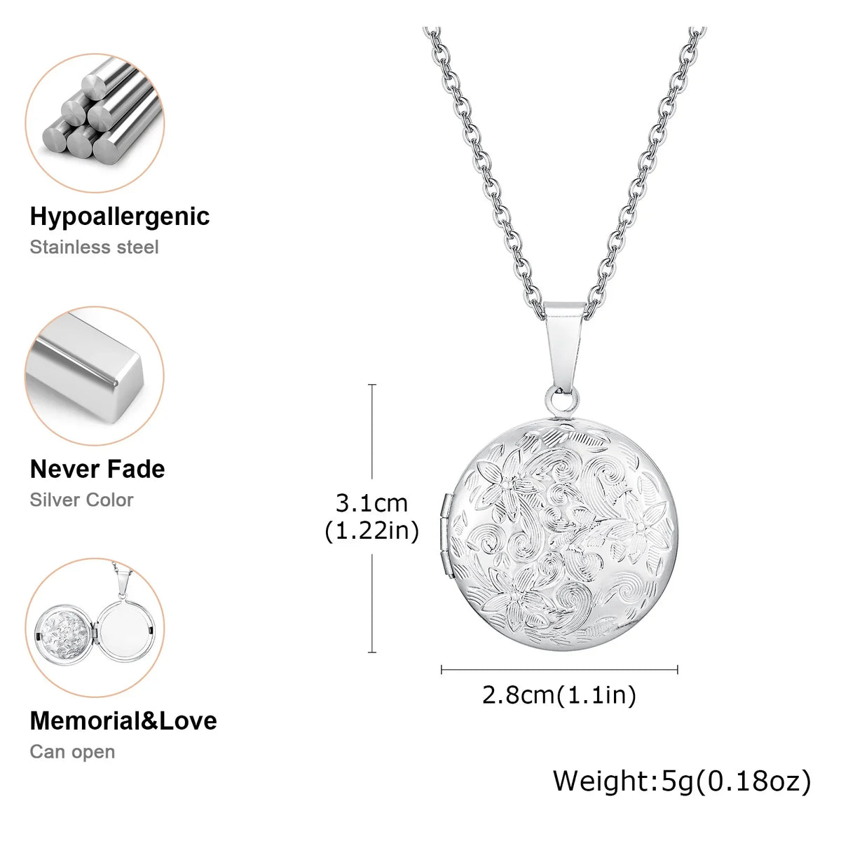 Vnox Never Fade Silver Color Stainless Steel Women Locket Pendant, Openable Heart Pendant Necklaces, Life Tree Floral Collar