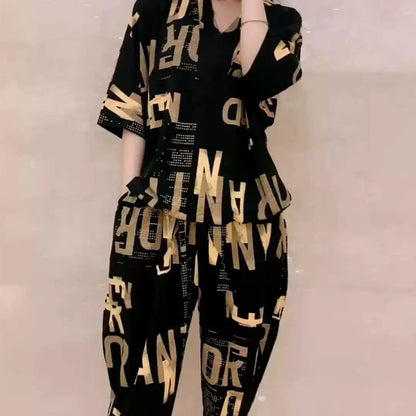 Casual Fashion Geometric Letter Printing Pant Sets Summer Short Sleeve