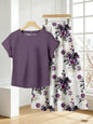 Retro Women's Plus Size Ink Purple Printed Skirt + Simple Purple Short-Sleeved T-Shirt Elegant Women's Casual Suit