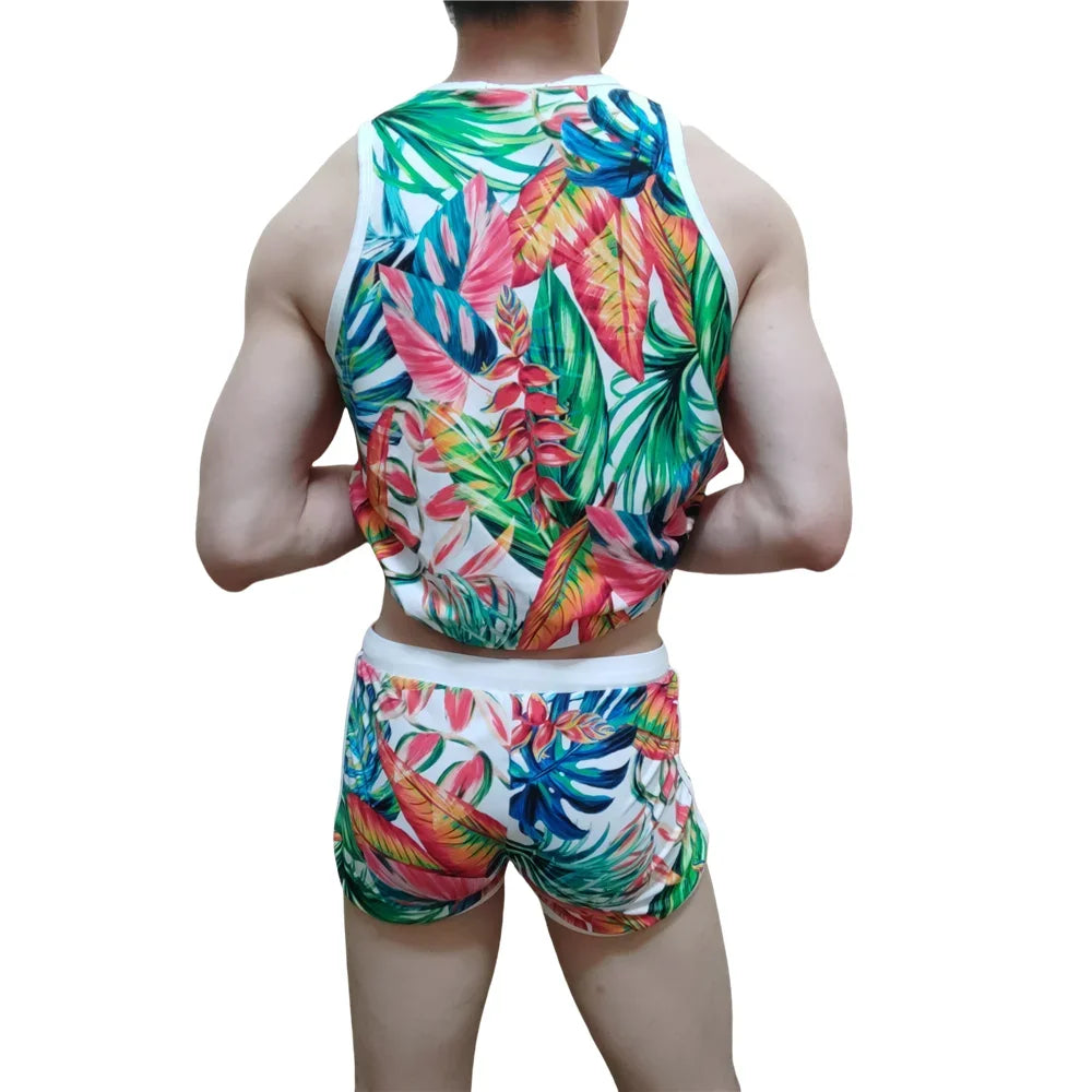 Sets Men's Tank Top Men's Sleeveless Top and Swimming Trunks Short Beach Pants Ice Silk Print Comfortable Fashion Outdoor Sports