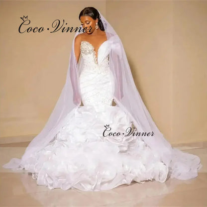 Customized Ruffle Train Fashion Mermaid Wedding Dress 2026 New Sexy V Neck One Shoulder Africa weddings dresses bridal W1490