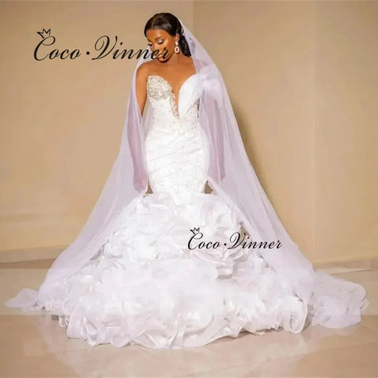 Customized Ruffle Train Fashion Mermaid Wedding Dress 2026 New Sexy V Neck One Shoulder Africa weddings dresses bridal W1490