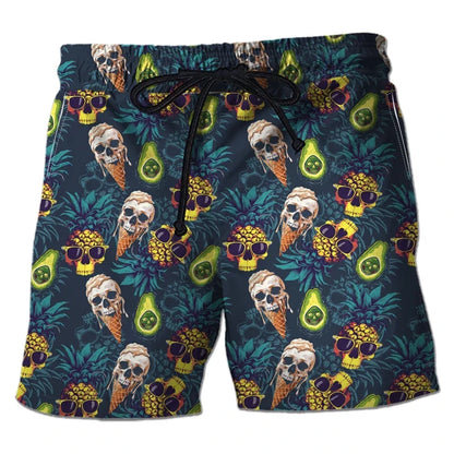 Harajuku Skull Graphic Beach Shorts Hawaiian Male Boardshorts Goth Skeleton Flower Bermudas Hip Hop Short Pants For Men Trousers