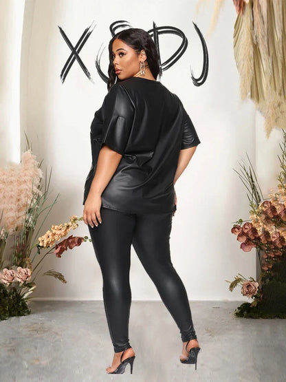 Women Summer Clothes Leather Outfit 2 Piece Set Short Sleeve Blouse Top and Stretchy Leggings Ladies Plus Size Pu Suits in Black