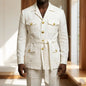 Mens Off White Linen Safari Suits 2 Piece Notched Lapel Prom Suit with Belt Gold Buttons Multi Pockets Beach Summer Wedding