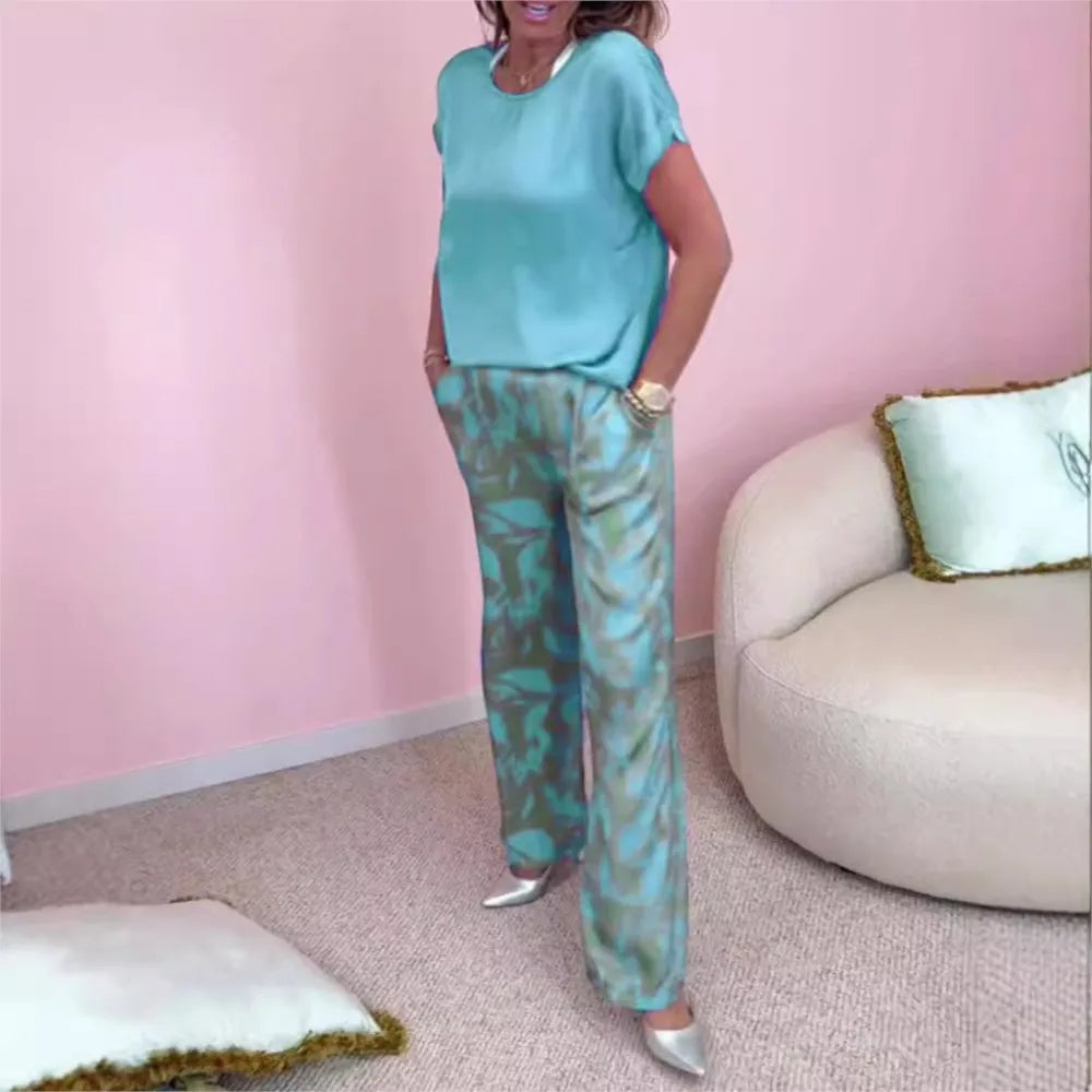Casual O Neck Short Sleeved T Shirt Printed Trousers 2 Piece Spring