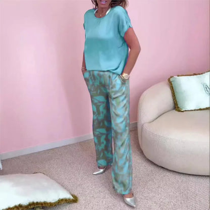 Casual O Neck Short Sleeved T Shirt Printed Trousers 2 Piece Spring