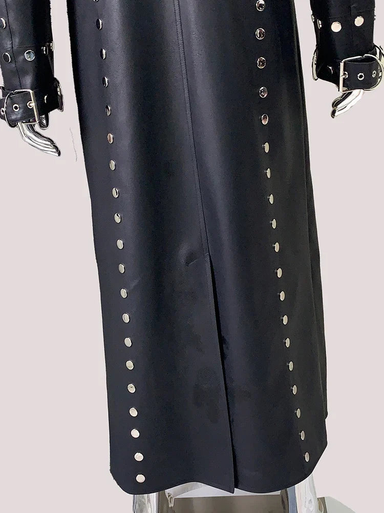 Men’s Luxury Black PU Leather Trench Coat – Rivet Punk Designer Jacket | Longline Streetwear Overcoat (Spring/Fall)