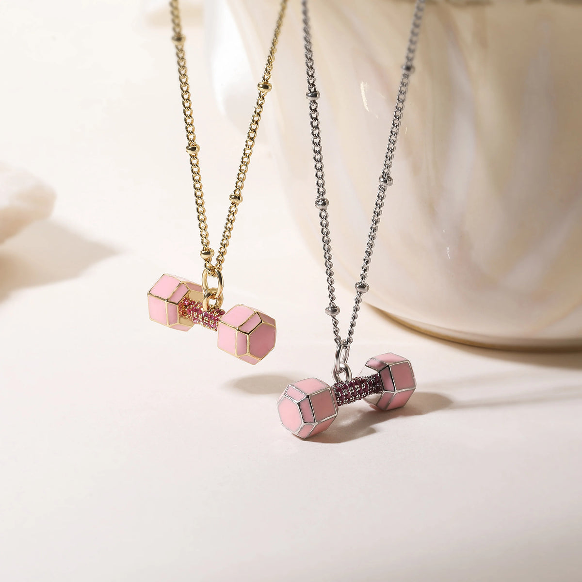 Small Dumbbell Pink Zirconia Charm Pendant Necklace Delicate Sweet Women's Jewelry Necklace, Enameled Gold-Plated Brass Jewelry