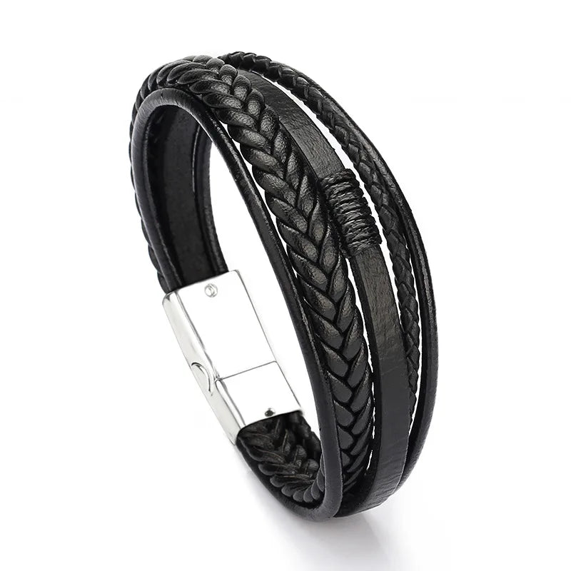 Trendy  Leather Bracelets Men Stainless Steel Multilayer Braided Rope Bracelets For Male Bracelets Jewelry Pulsera Hombre