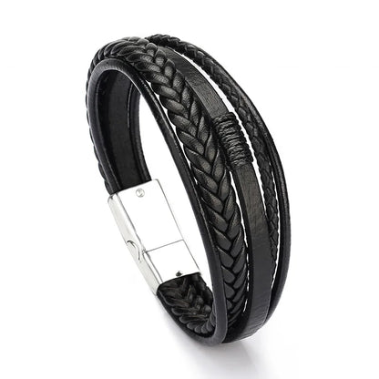 Trendy  Leather Bracelets Men Stainless Steel Multilayer Braided Rope Bracelets For Male Bracelets Jewelry Pulsera Hombre