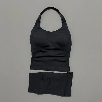 2 Pieces Shorts Yoga Set Women Backless Halter Tops High Waist Seamless Shorts Gym Suit Fitness Sportswear Workout Sets