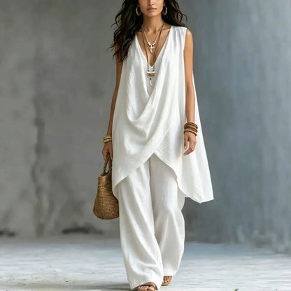 Summer Linen Cotton Sleeveless Stand Collar Set Women Casual Loose Fit