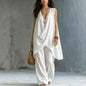 Summer Linen Cotton Sleeveless Stand Collar Set Women Casual Loose Fit