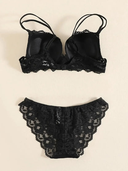 1 Set Elegant Lace Embroidery & Breathable Fabric Lingerie Set: Push-Up Bra, Drop Waist Sheer Panty - Ultimate Valentine's Day