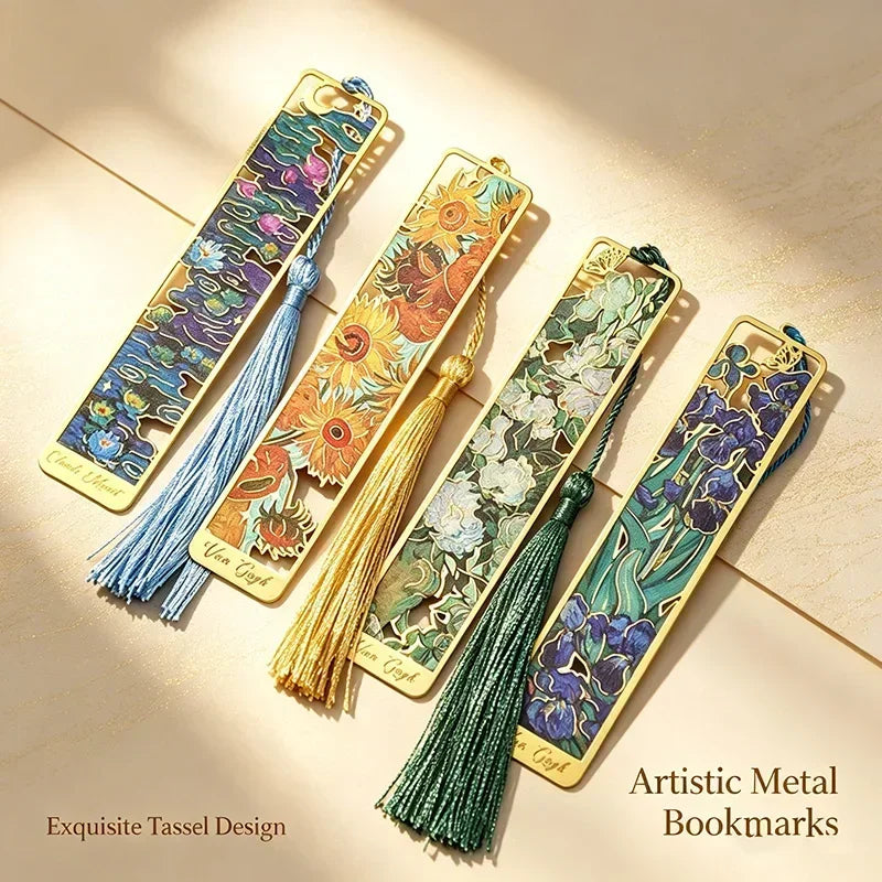 Van Gogh Monet Oil Painting Metal Bookmark Hollow Art Book Mark With Tassel, Vintage Reading Accessories Gift For Book Lovers