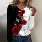 Women's Casual O-neck T-shirt Black and White Rose Print Long Sleeve T-shirt Loose Clothes Ladies Home Clothes Fashion Print