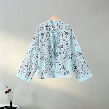 Casual Printed Women's Shirt Trouser Suits Lace Up Long Sleeve Loose