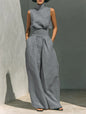 2026 Sleeveless Top+Wide Leg Pants Summer Casual Two-Piece Set Elegant And Loose Office Set High Street Pocket Women's Suits