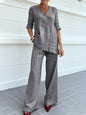 Women's Two-piece Set 2026 Mid-sleeve V-neck Top Straight Pants Spring Summer Women's New Casual Cotton Linen Solid Color Suit
