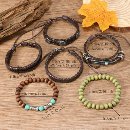 Bohemia Turquoise Ethnic Men’s Leather Bracelets Vintage Multi Layer Flower Leaves Wooden Beads Braided Leather Bracelets