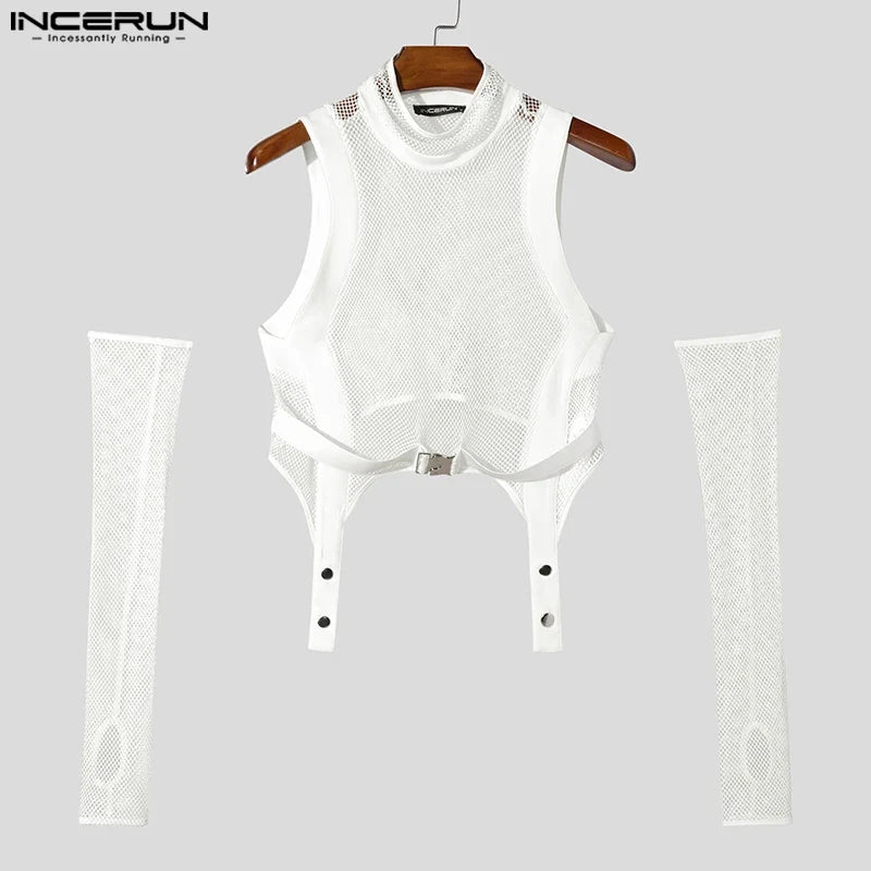 Fashion Casual Style Tops INCERUN Men Deconstruction Sleevelet Vests Sexy Buckle Mesh Splicing Half High Neck Cropped Tank Tops