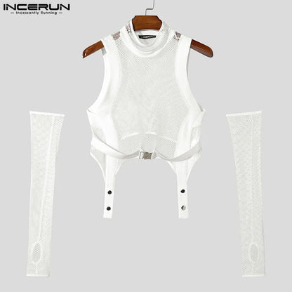 Fashion Casual Style Tops INCERUN Men Deconstruction Sleevelet Vests Sexy Buckle Mesh Splicing Half High Neck Cropped Tank Tops