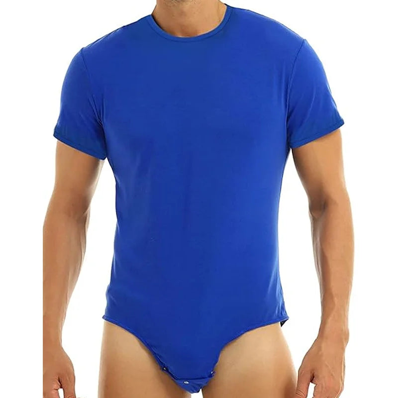 Mens Round Neck Bodysuit Short Sleeve Jumpsuit Press Crotch Underwear Adult Leotard for Shapewear Compression Romper Undershirt