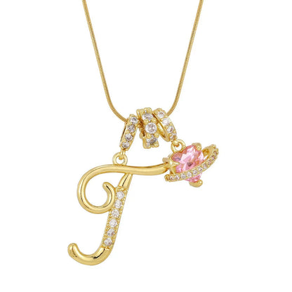 Fashion Letter Necklace for Women Pink Zircon Heart-shaped Pendant Suitable for Girls to Wear Personalized Gold-plated Jewelry