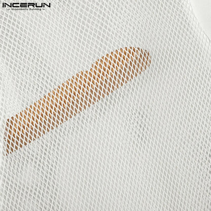 Fashion Casual Style Tops INCERUN Men Deconstruction Sleevelet Vests Sexy Buckle Mesh Splicing Half High Neck Cropped Tank Tops