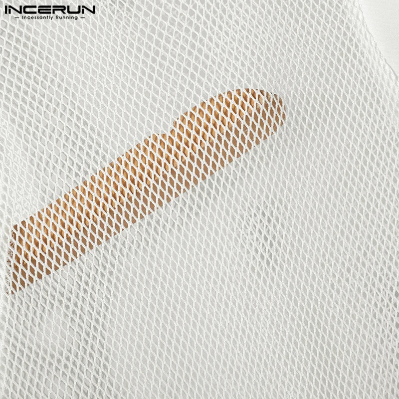 Fashion Casual Style Tops INCERUN Men Deconstruction Sleevelet Vests Sexy Buckle Mesh Splicing Half High Neck Cropped Tank Tops