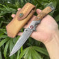Topwell Handmade YH003 EDC Folding Knife Perfect Quality Damascus Steel Blade Rosewood Handle Kraft First layer Leather Sheath
