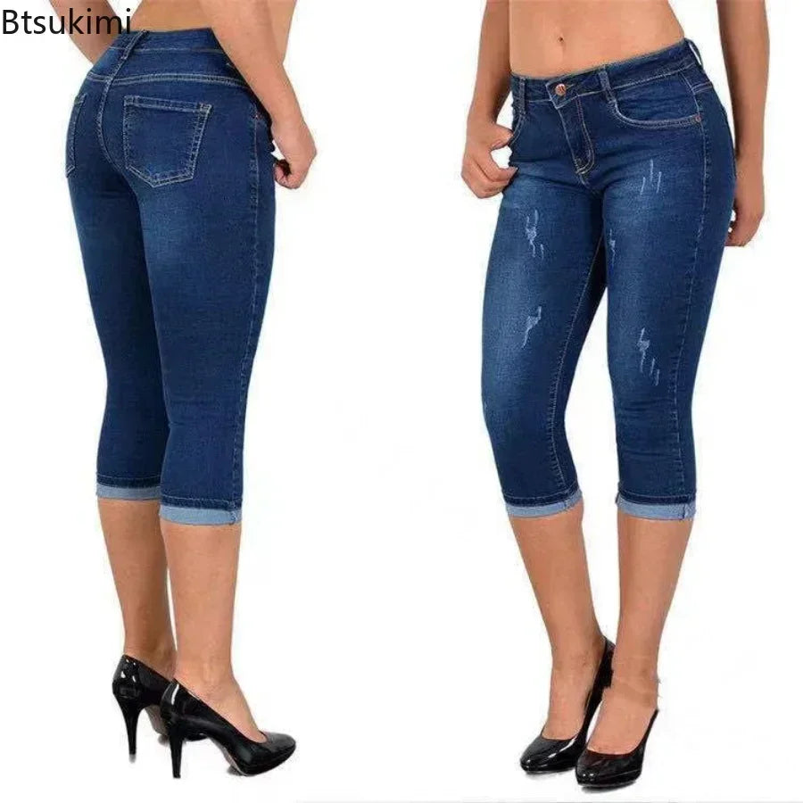 Summer Women's Skinny Denim Pants Mid Waist Stretch Capri Pants Knee