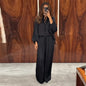 Satin Two-Piece Set Tie-Neck Balloon Sleeve Top Wide Leg Pant 2026 Spring Fashion Minimalist Loungewear Office Women Outfits