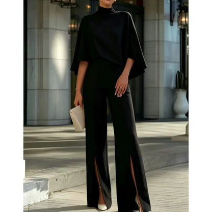 Autumn Women's Half Turtleneck Shawl Top Fashion Slit Wide Leg