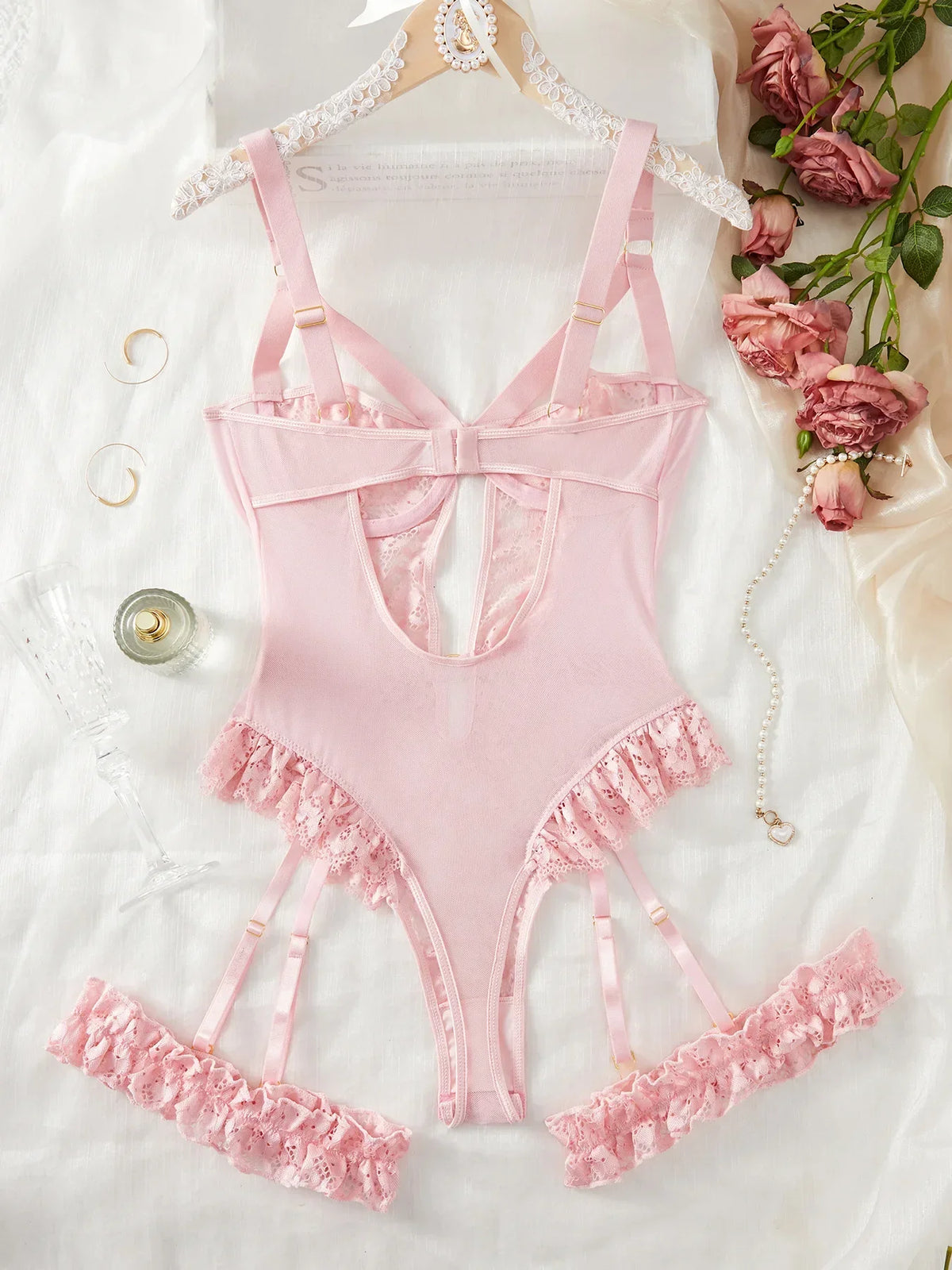 Floral Lace Garter Lingerie Set With Choker Women Intimates 2025 Underwire Bra And Thongs Ladies Underwear Set