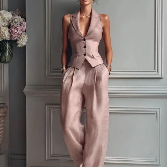 2026 Summer Women Two Piece Set Single-breasted Sleeveless Vest Top And Trousers Pants Set Suit Office Ladies Suits