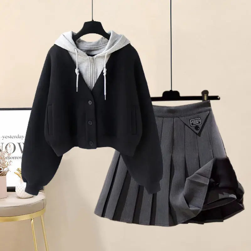 Hooded Zipper Top & Pleated Skirt Set Streetwear