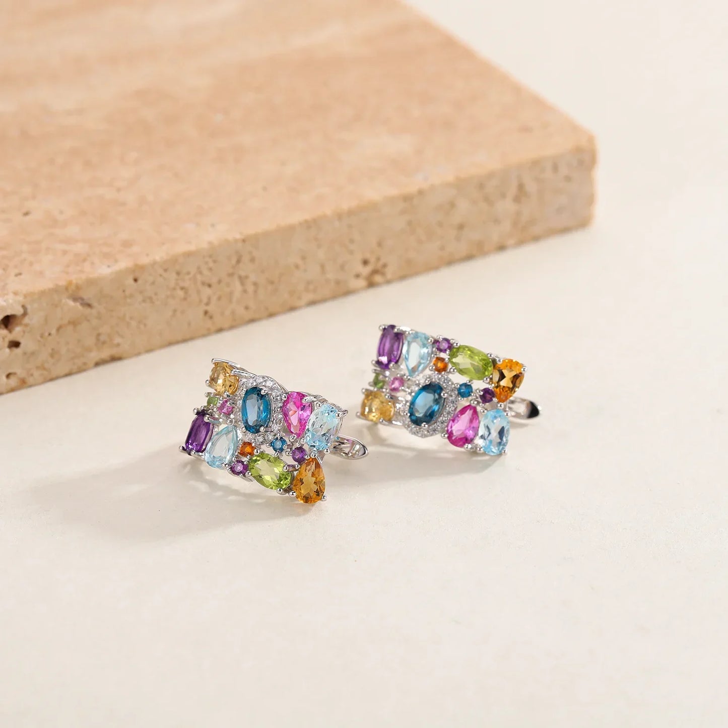 GEM'S BALLET 925 Sterling Silver Handmade Jewelry Multicolor Birthstone Earrings Natual Citrine  Amethyst Topaz Clip Earrings