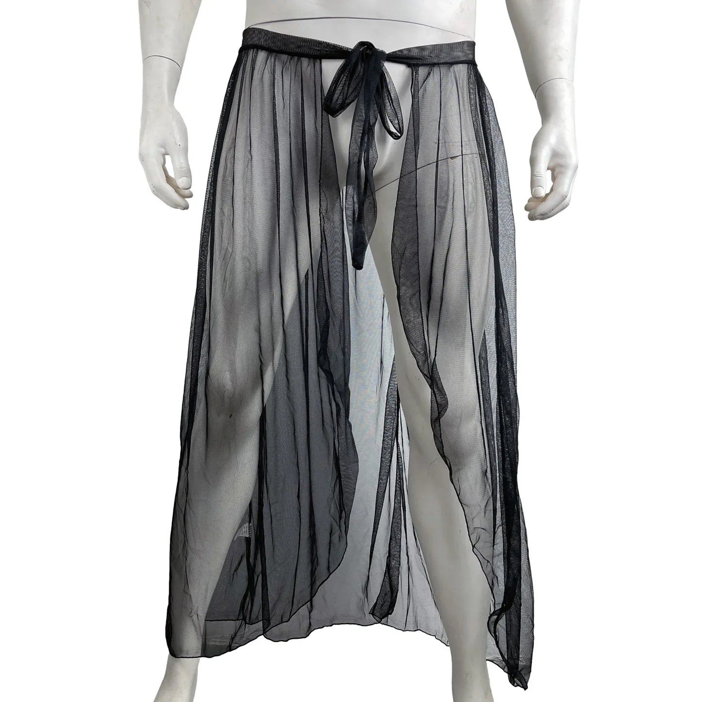 CLEVER-MENMODE Sexy Mesh Sleep Bottoms Men Pajamas See Through Long Sleepwear  Side Spilt Nightdress Transparent Culottes
